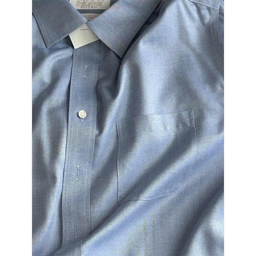 Gold Label Roundtree & Yorke Dress Shirt Mens 17.5 Blue Herringbone - Picture 2 of 11